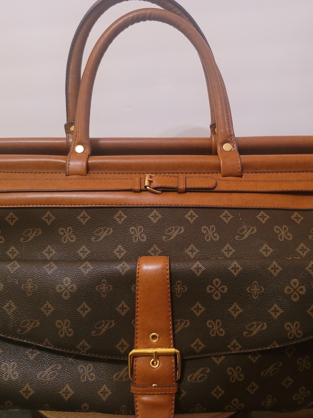 Brown Monogram Leather Tote Bag with Tan Trim